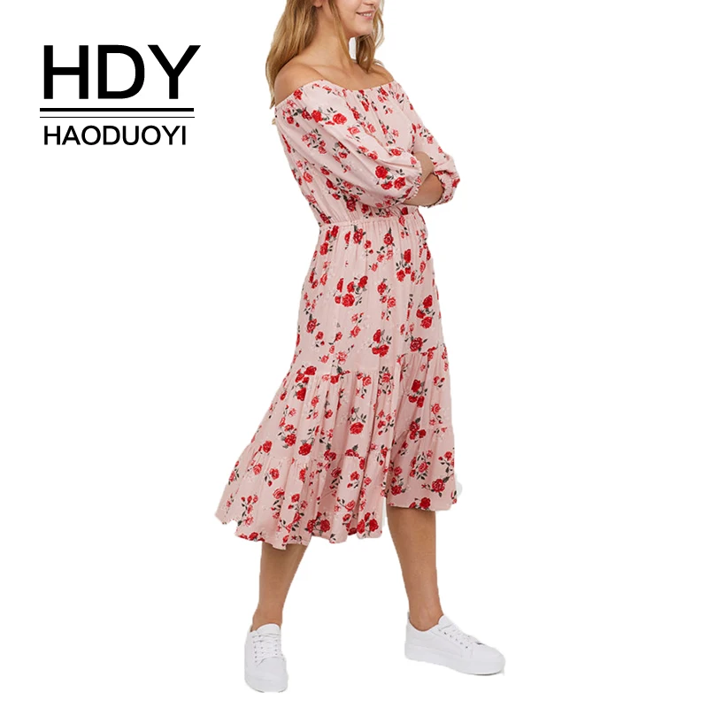 Женское платье с принтом HDY Haoduoyi милое средней длины открытыми плечами и коротким
