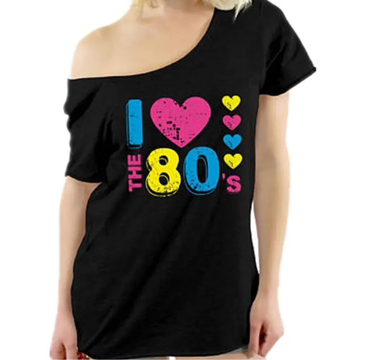 Майка На Одно Плечо Любовь 80s Сердце Принт Футболка Женщина На Одно Плечо Туника Повседневный Милое Оверсайз Винтаж Ретро Футболка Глубокий Вырез Праздничное Вечеринка Подруги Танцевать Персональный Футболка