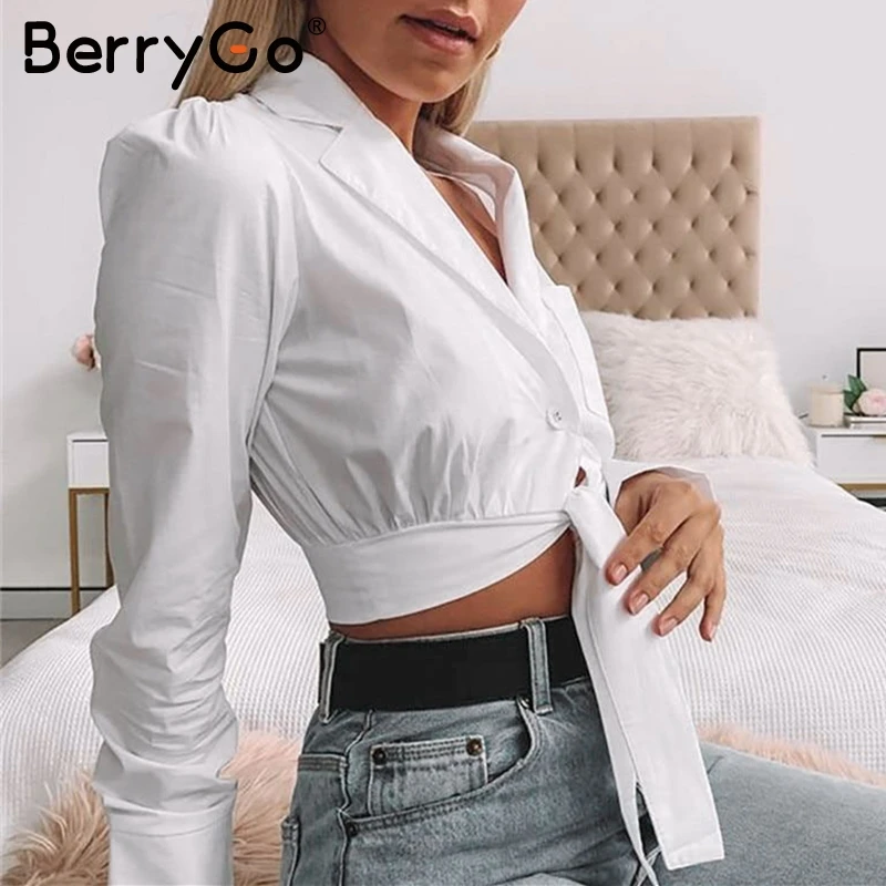 BerryGo сексуальная белая женская блузка рубашка с длинным рукавом на шнуровке