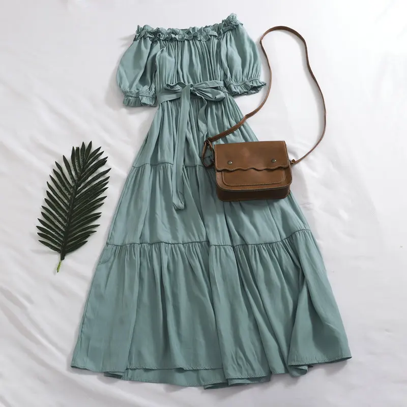 Women Dress Для женщин летние Slash шеи с пышными Фонари рукав повязки на завязках с оборками платье Винтаж эластичная тонкая талия плиссированные вечерние платье миди - Цвет: Women Dress