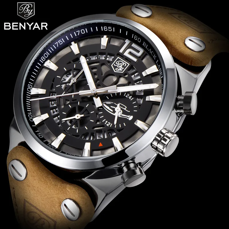 BENYAR Men's Watch Brand silver black Dial reloj hombre Quartz Waterproof Leather Brown Strap Top Luxury Chronograph erkek saat |