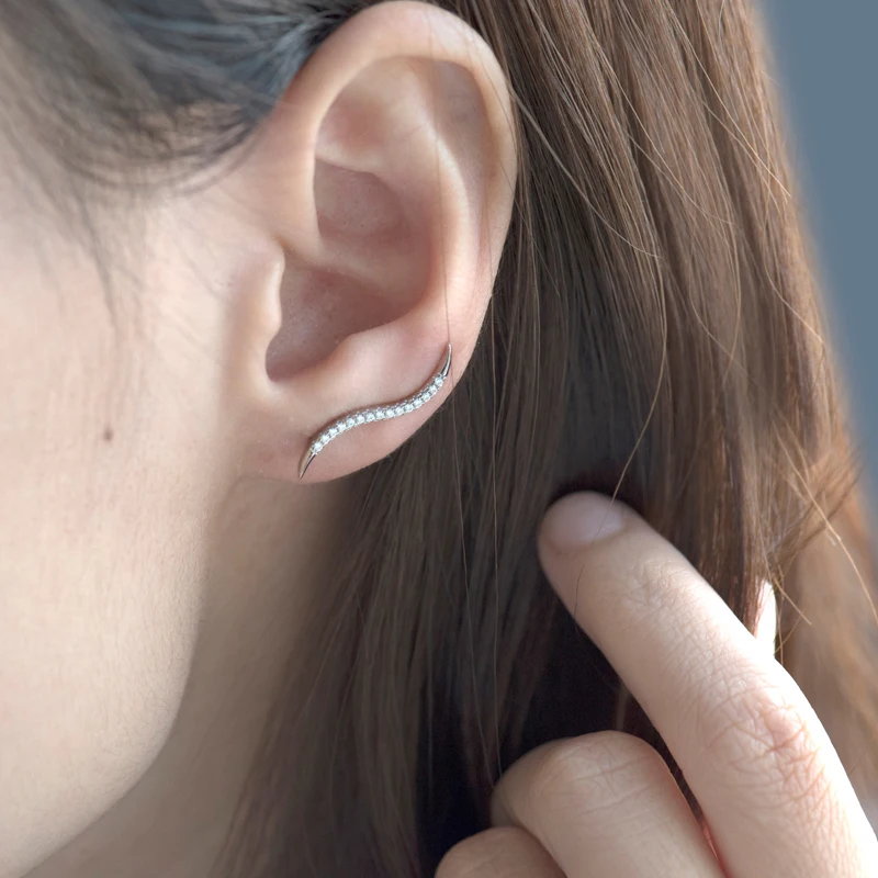 Fashion Sterling Silver Crawler Cuff Earrings CZ Minimal Delicate Leaf Wave Shape Stud Earring Brincos bijoux woman Gift ZK30 | Украшения и