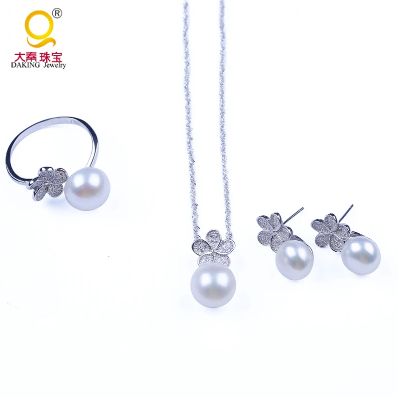 

2016 new 925 silver jewelry set real white freshwater pearl necklace adjustable ring and earring for women free gift bag