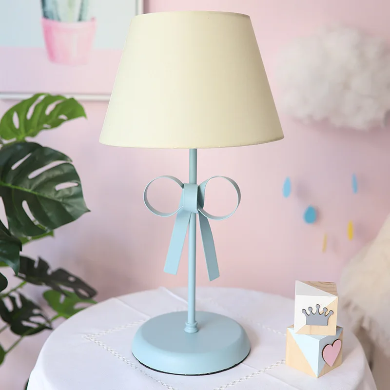 Bow-knot Table Light LED Desk Lamp Fabric Lampshade Lights for Children's Room Princess Bedroom Bedside Lamps Luminaire - Цвет абажура: yellow---blue