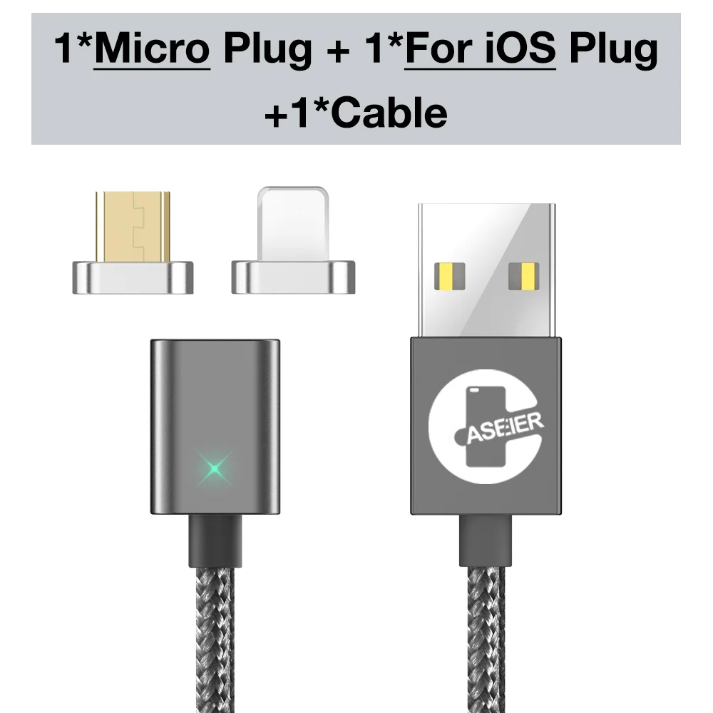 Grey 2 plug Cable CASEIER Magnetic USB Digital Cable For iPhone X XR XS Max 7 6 6s Plus Micro USB Type C 3 in 1 Charging Data Transmission Cable - Цвет: Grey 2 plug Cable