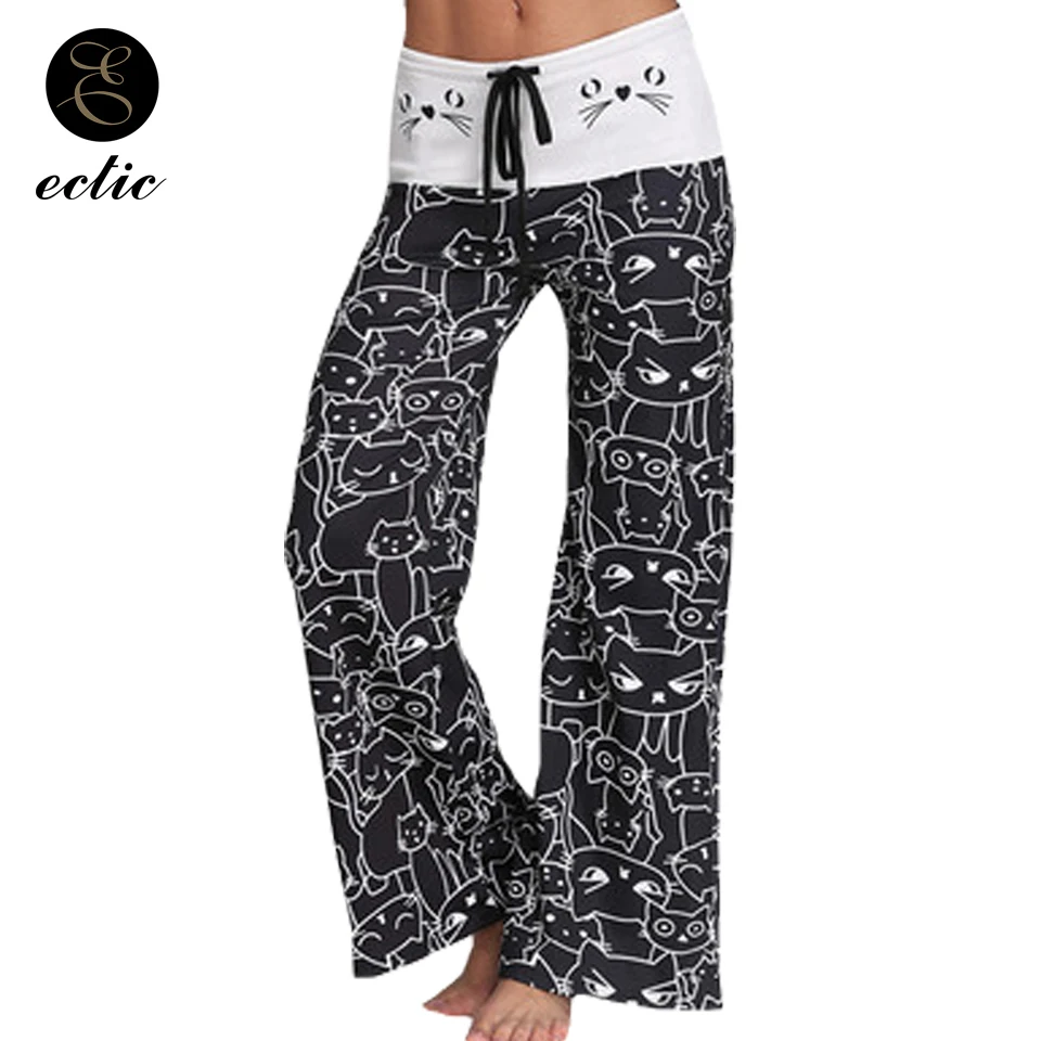 Digital Print Leggings Women Cats Pantacourt Femme Drawstring Wide Leg Leggings Joggers Casual Loose Cartoon Cat Leggings Flare
