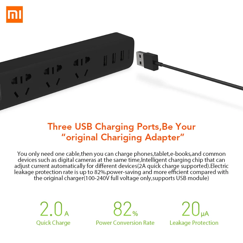 Оригинальная смарт лента Xiaomi Mijia 3 2A с usb портами для быстрой зарядки + гнезда Xiaom MI