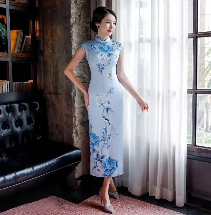 Высокая мода Мандарин Воротник шелк атлас с новогодней елкой, бумажный принт Qipao элегантный цветок сексуальное длинное платье плюс SZ M-4XL - Цвет: 0026