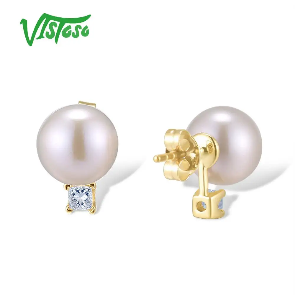 VISTOSO Pure 14K 585 серьги из желтого золота для женщин сверкающие алмазы свежая вода жемчуг уникальные модные элегантные изысканные украшения