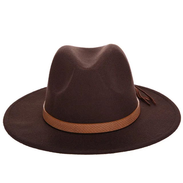 Новая модная однотонная мужская Шляпа Fedora на осень и зиму, шерстяная кожаная Мужская винтажная Классическая Шапка Sombrero - Цвет: Coffee