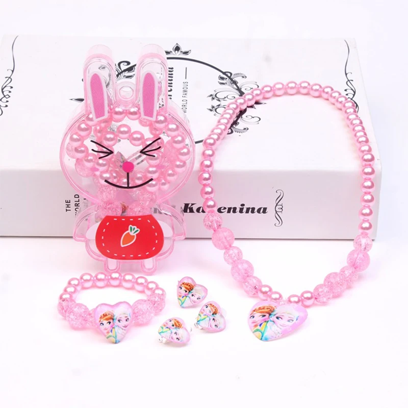 1Set Wholesale Multi Color Child lovely Pearl Heart Necklace Earrings Ring Bracelet For Kids Girls Best Gifts Bear Box | Украшения и