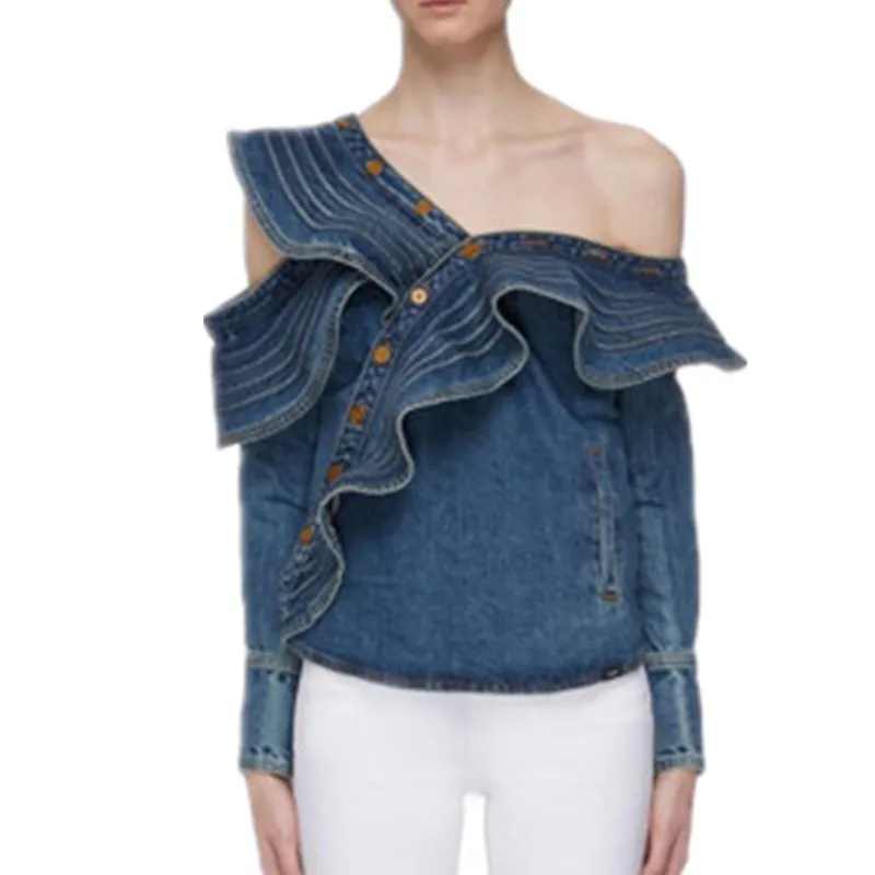 Сексуальная Джинсовая Рубашка Женская 2019 Моди Осень Оборками One Off Плечо Блузка С