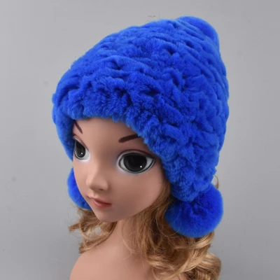 Blue Зимние меховые шапки для девочек из натурального меха кролика Рекс, шапка-ушанка с шариками, детская вязаная шапка с помпоном ручной вязки, шапочки, шарф-кольцо - Цвет: Blue