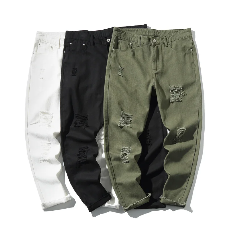 

Autumn New Jeans Men's Hole Large Size Straight Ankle Length Casual Pants Men's Fashion Broken Loose Cotton Jeans Size M-5XL