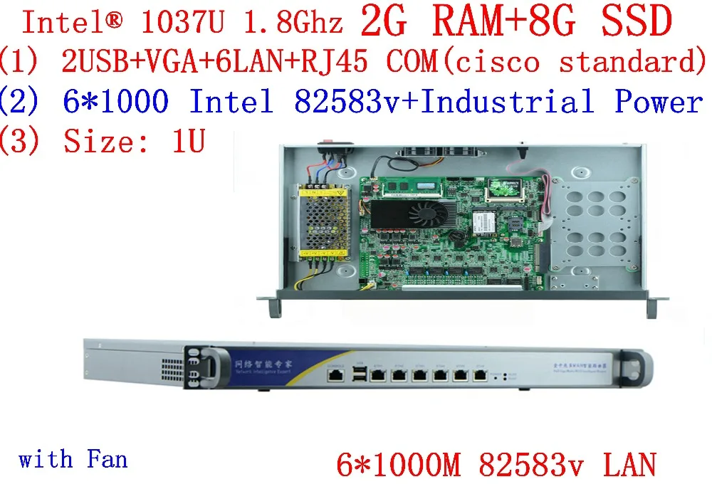 6*lan network 1U firewall server PC c1037u 6*Gigabit 82583v 2G RAM 8G SSD support ROS RouterOS Mikrotik PFSense Panabit Wayos