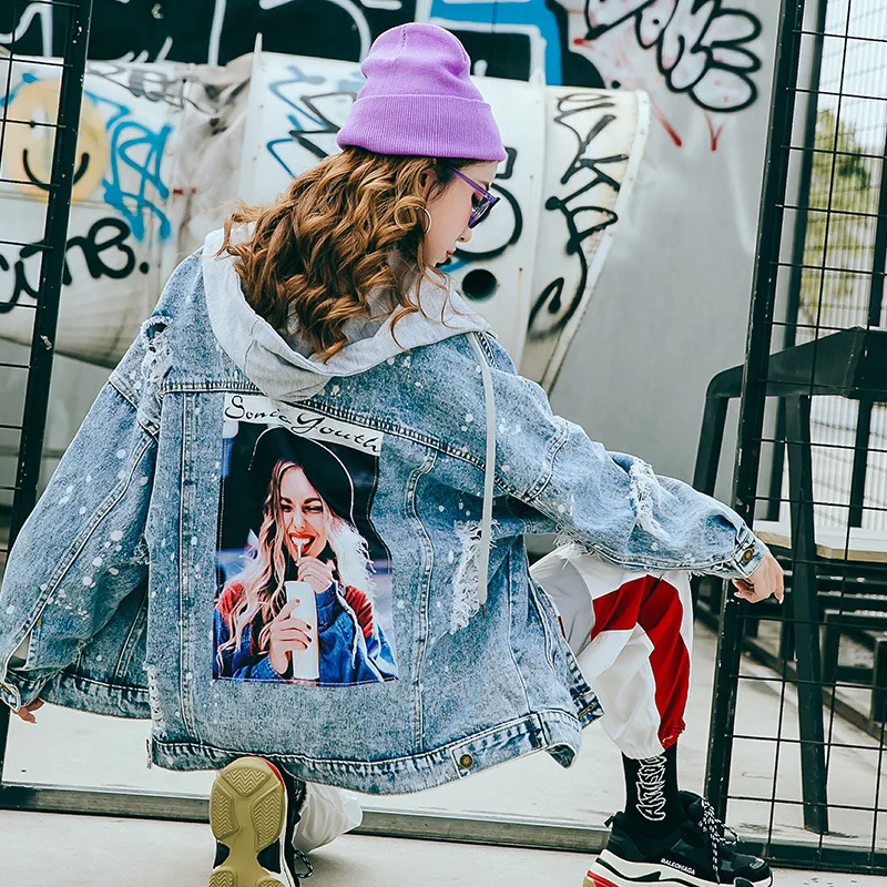 2019 Весенняя хлопковая джинсовая куртка с капюшоном женская аппликацией и