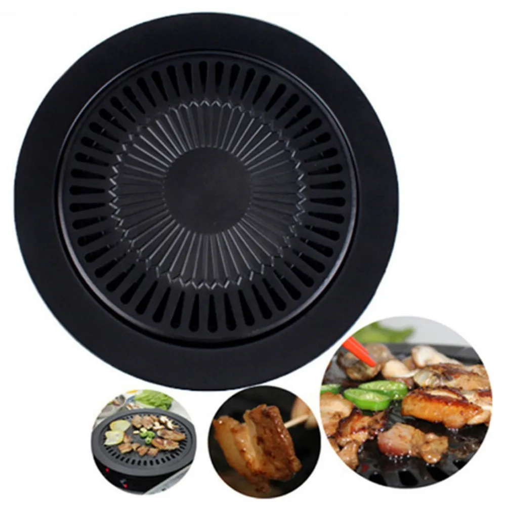 Round Iron Korean BBQ Grill Plate Barbecue Non-stick Pan Set with Holder Healthy Smokeless Roasting Outdoor Cooking Tool new |