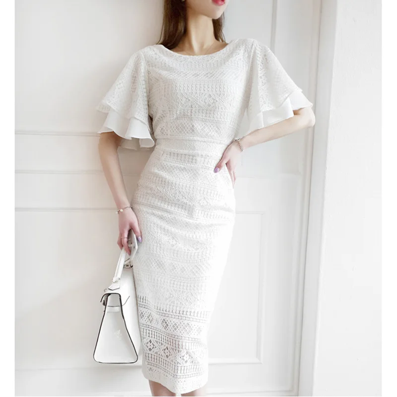 Платье женское кружевное с завышенной талией элегантное вечернее до середины