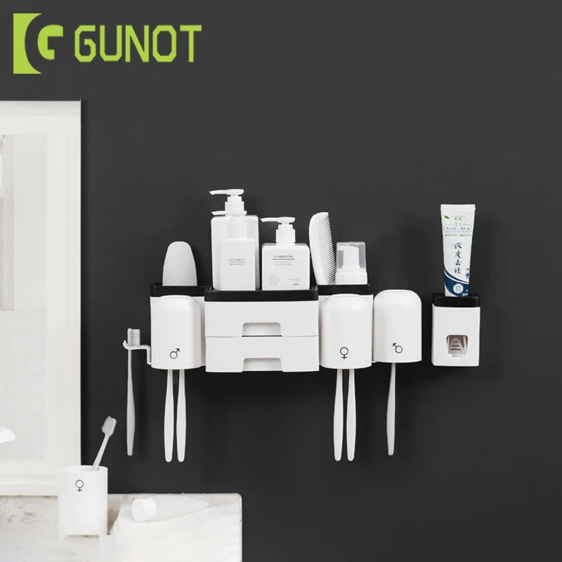 GUNOT настенный держатель для зубной щетки чехол Автоматический Дозатор для зубной пасты домашняя полка аксессуары для ванной комнаты наборы