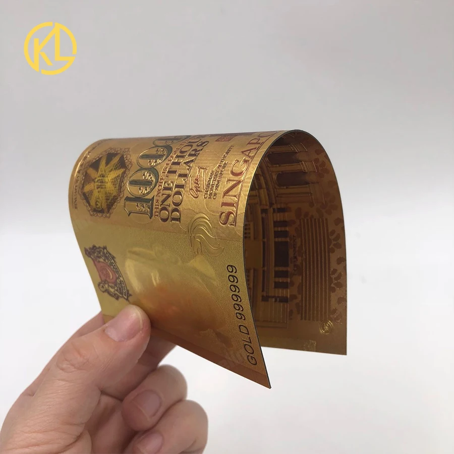 

10 pcs/lot Colorful Gold Plated Singapore 1000 dollors plastic souvenir banknotes for collection and gifts