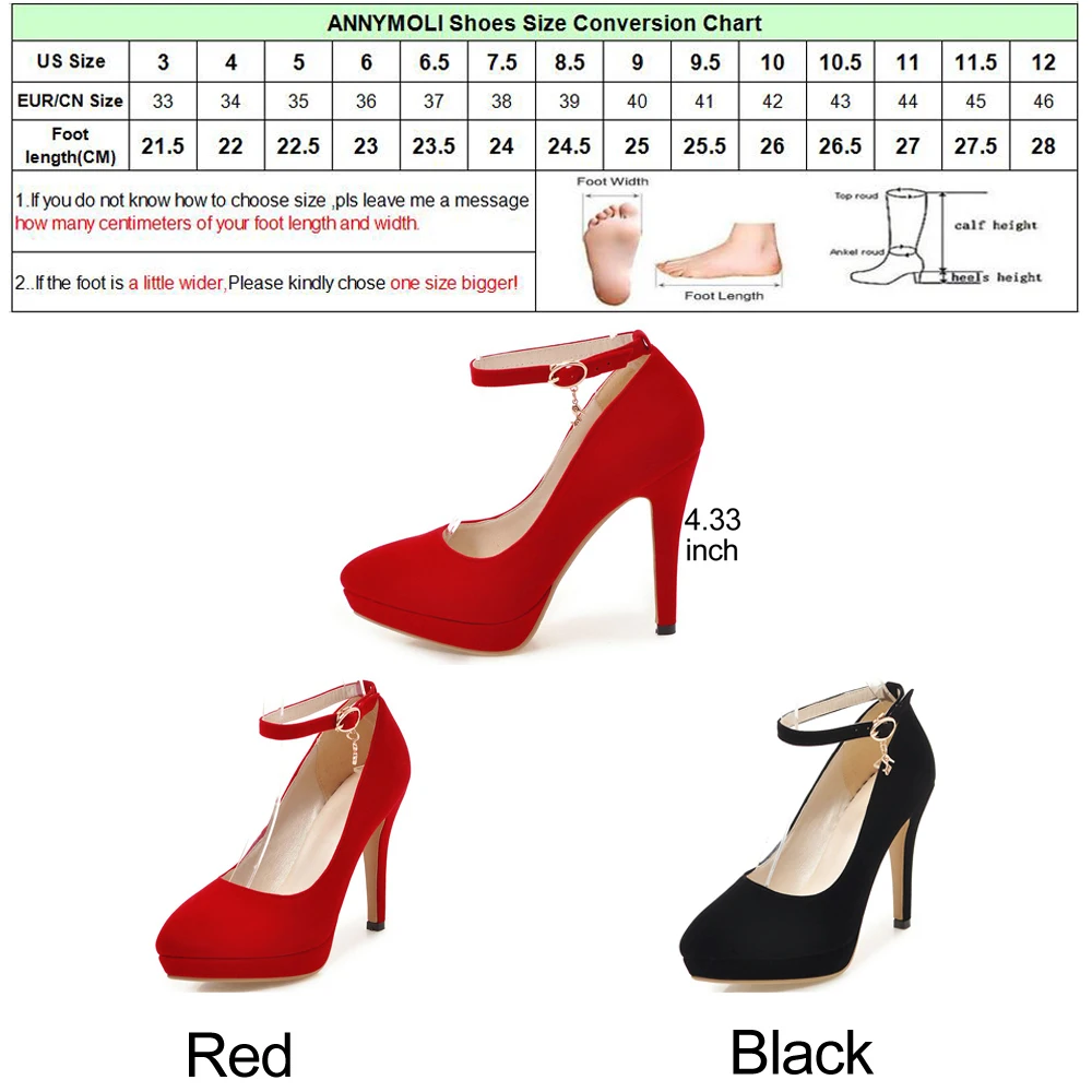

ANNYMOLI Women Pumps Platform High Heels Ankle Strap Shoes Pointed Toe Stiletto Buckle Shoes Black 2018 Spring Large Size 33-43