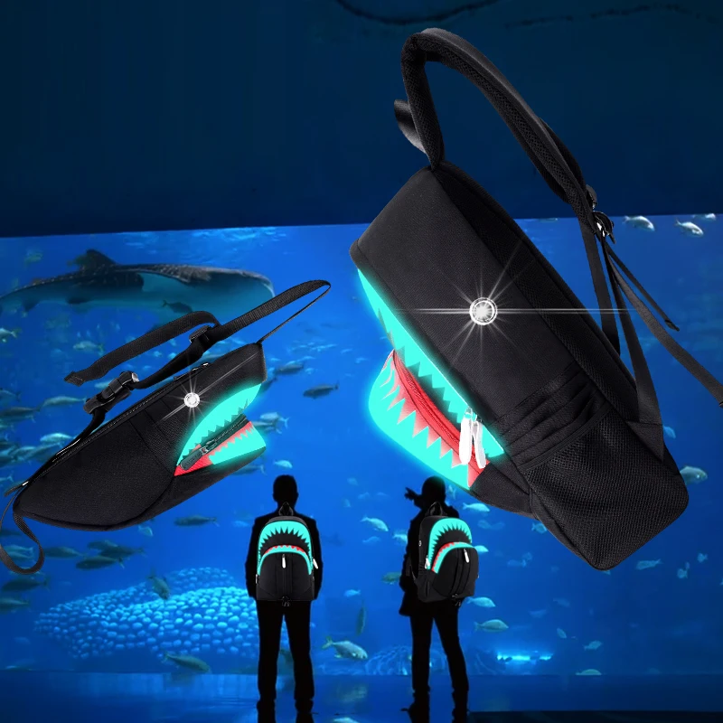 

Men Fashion USB Charging Night Luminous Backpack Shark Laptop Backpack Chest Bag Teenagers School Bag Mochila Travel Bag Black