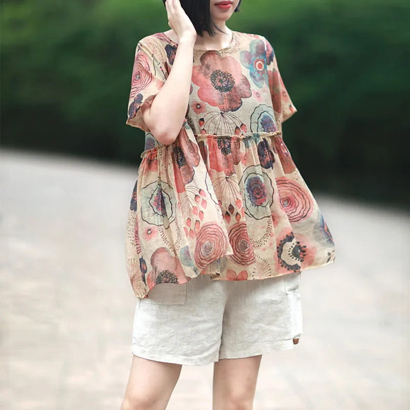 Style 4 Johnature, повседневные Модные топы с цветочным принтом и коротким рукавом, новинка, круглый вырез, высокая талия, летние женские свободные льняные пуловеры, футболки - Цвет: Style 4