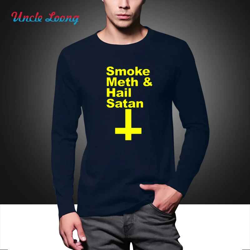 Style Fashion SMOKE METH HAIL SATAN T Shirt Men Casual long Sleeve Keep Calm and Worship Satan Funny O-neck Autumn T-shirt | Мужская
