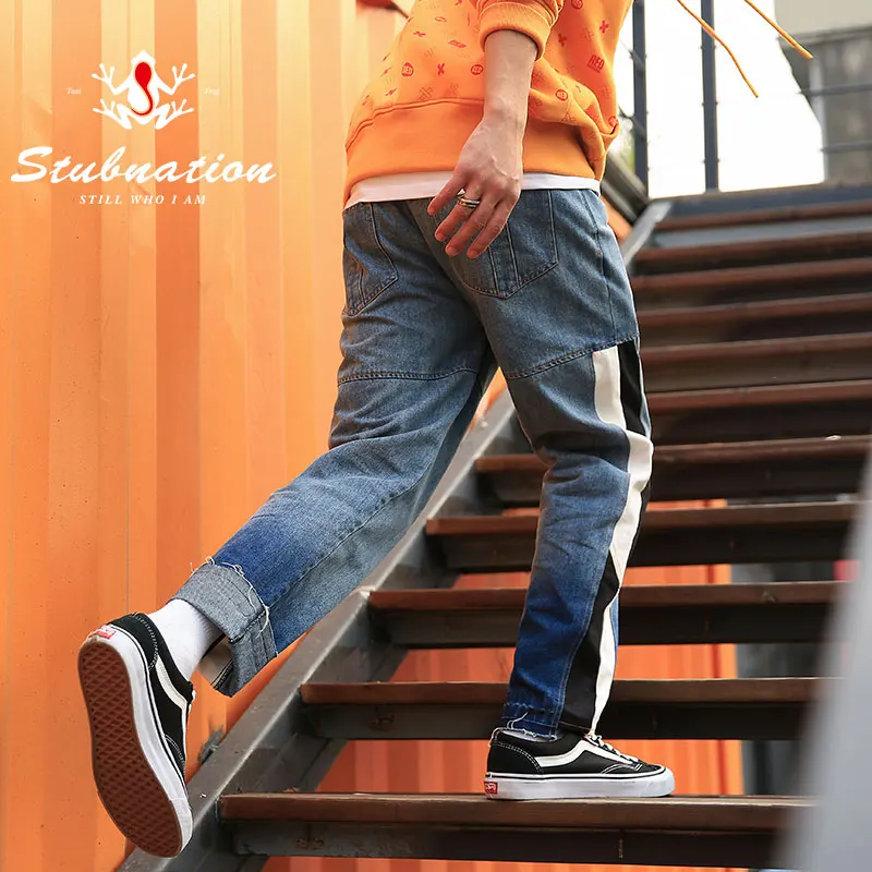 Stubnation 2018 ноги лоскутное джинсы Для мужчин свободные прямые длинные брюки моды