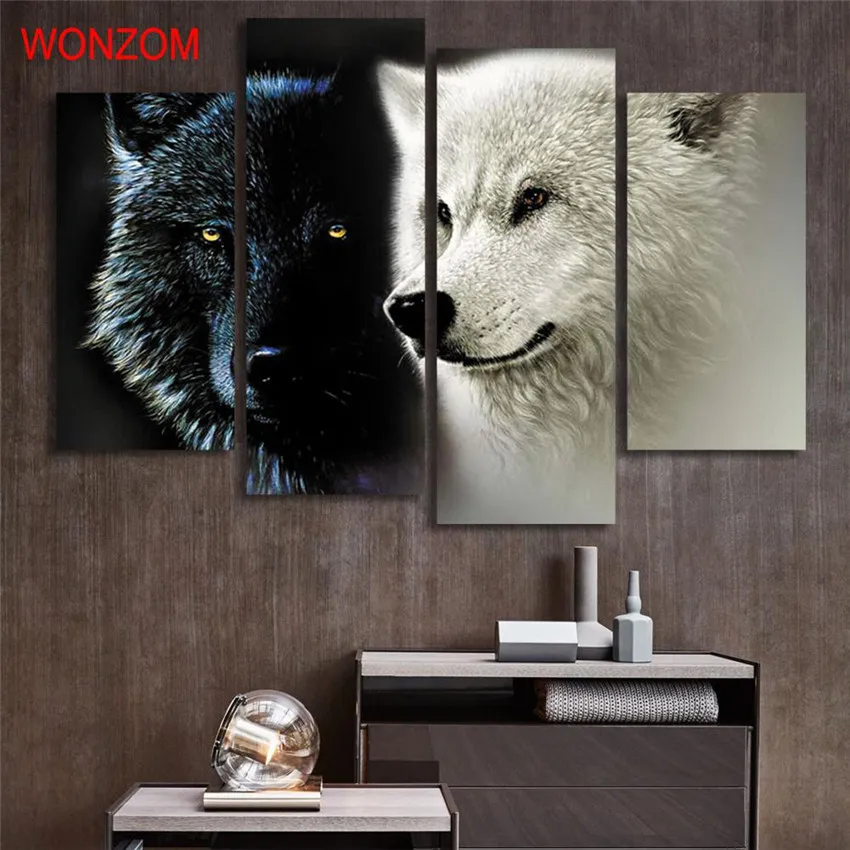 4 шт. черный белый волк холст живопись современная картина с животными на холсте