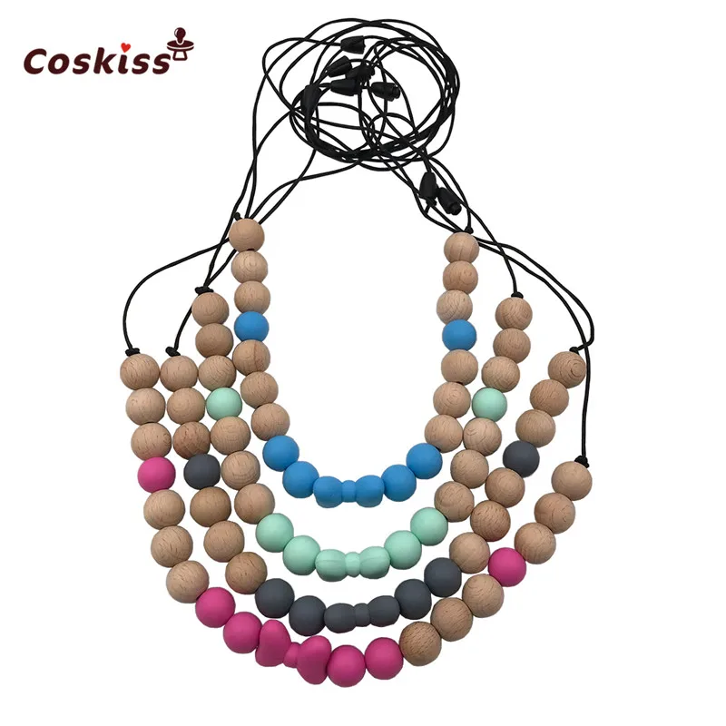 Mordedor de silicona de seguridad para beb&eacute;, cuentas de madera, juguete para morder, collar, accesorio para beb&eacute;, regalo sin BPA-5