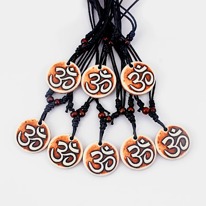 

12pcs Tibet Yak Bone AUM OM Symbol Yoga Engraved Amulet Lucky Brown Pendant Necklace Adjustable Gift Jewellery