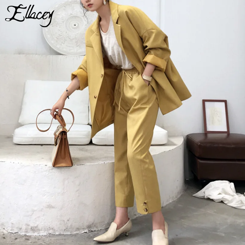 Ellacey, Весенняя мода, женские костюмы с юбкой, офисные, деловые, повседневные, ретро-костюмы, женский Блейзер, раздельная юбка, комплект из 2 предметов
