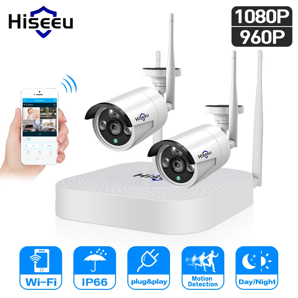 Hiseeu 4CH 960P/1080P камера видеонаблюдения система 2 шт. 1.3MP 2MP видеонаблюдение комплект уличное wifi видеонаблюдение для дома