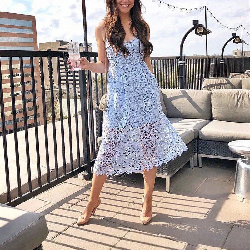 Новинка летнее женское кружевное платье с цветочным принтом до середины икры без