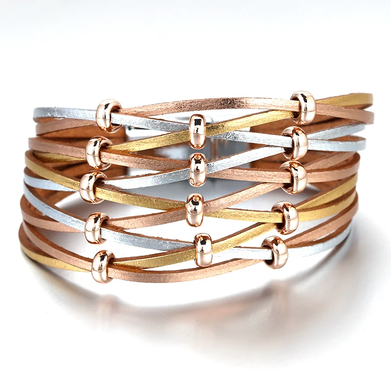 Женские кожаные браслеты ALLYES богемные Многослойные широкие с металлическими