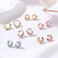 new tiny cute shiny colorful crystal flower stud earrings for women girl sweet trendy wreath ear jewelry brincos 6c2001