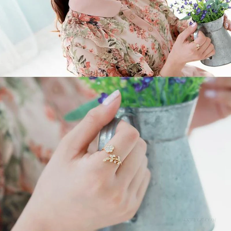 Korean Twisted Leaves Flower Rhinestone Open Ring Gold Silver Color Finger For Women Statement Adjustable Wholesale | Украшения и