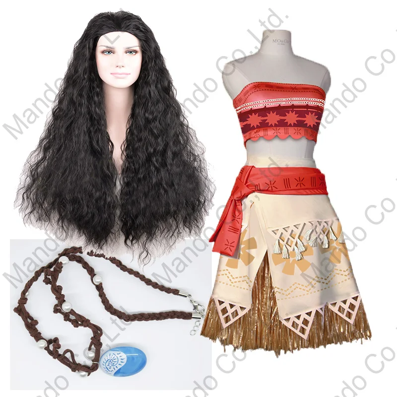 Movie Moana Cosplay Costume Halloween outfit Sexy moana Polynesia Princess Adult Women And Kid Party Dress + Necklace + Wig 3pcs