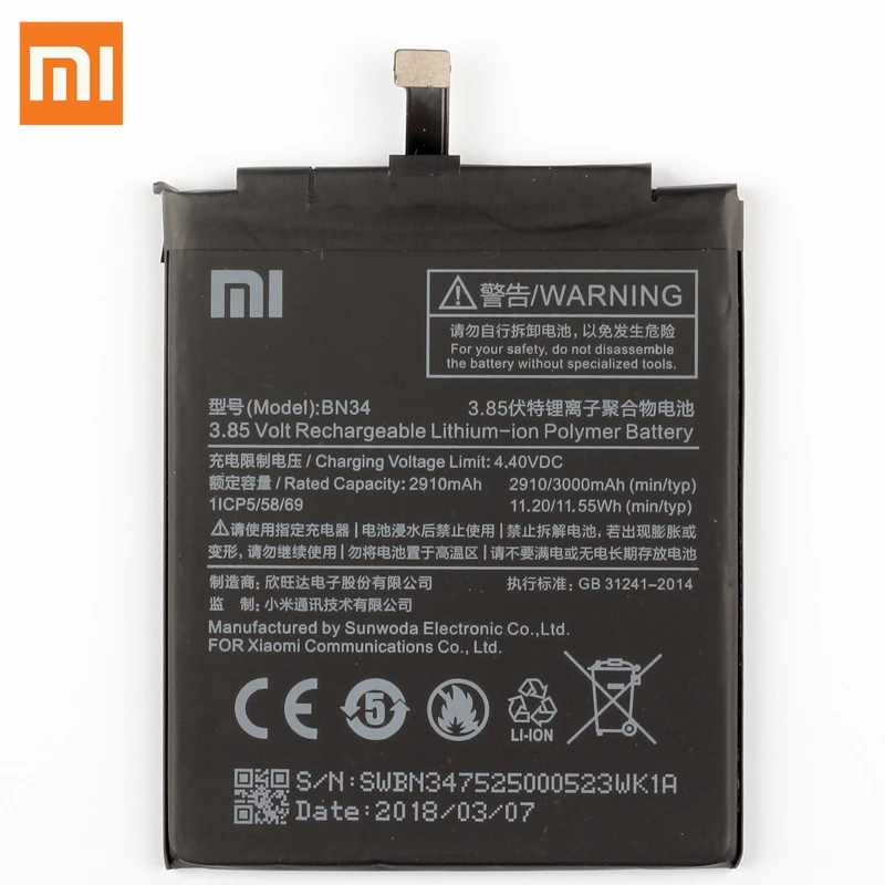 Xiao mi сменный аккумулятор BN34 для Xiaomi mi Red mi 5A Redrice подлинный аккумулятор для телефона 3000 мАч