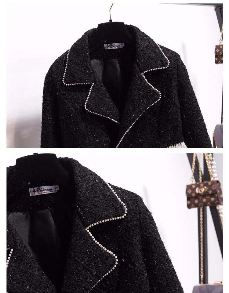 2018 New Fashion Autumn and Winter Women's Pearl Ostrich Hair Stitching Tweed Jacket Coat + Woolen Skirt Two Piece Suits |