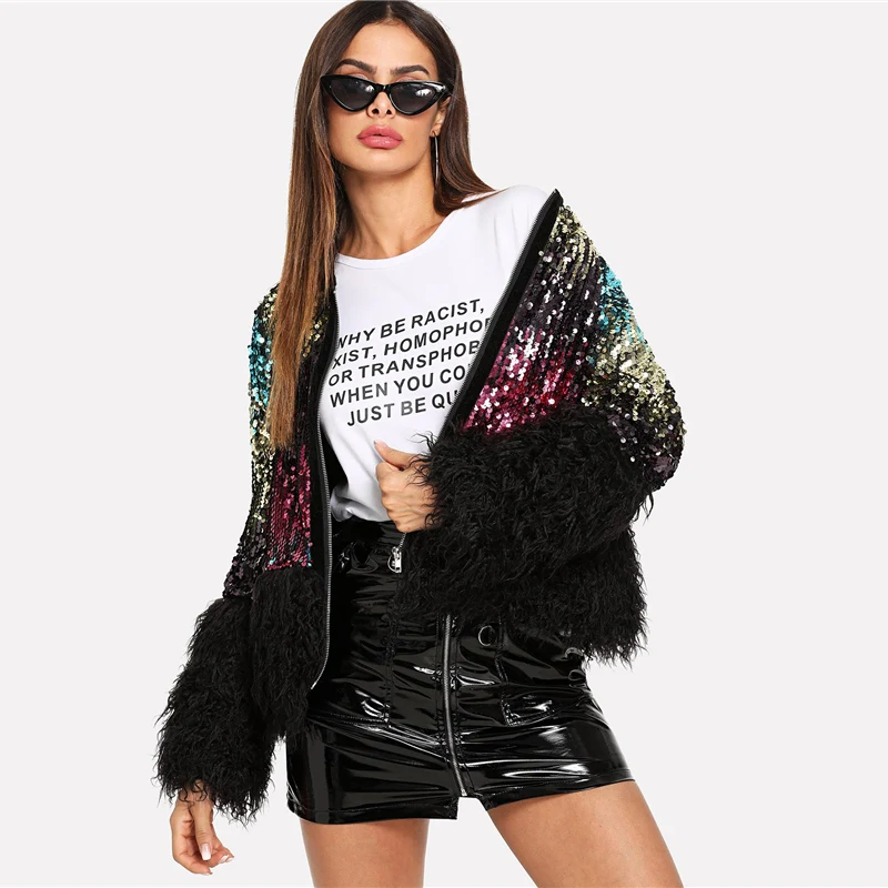COLROVIE Sequin уличная шуба из искусственного меха женская куртка Осенняя Повседневная модная офисная зимняя теплая ночная женская верхняя одежда