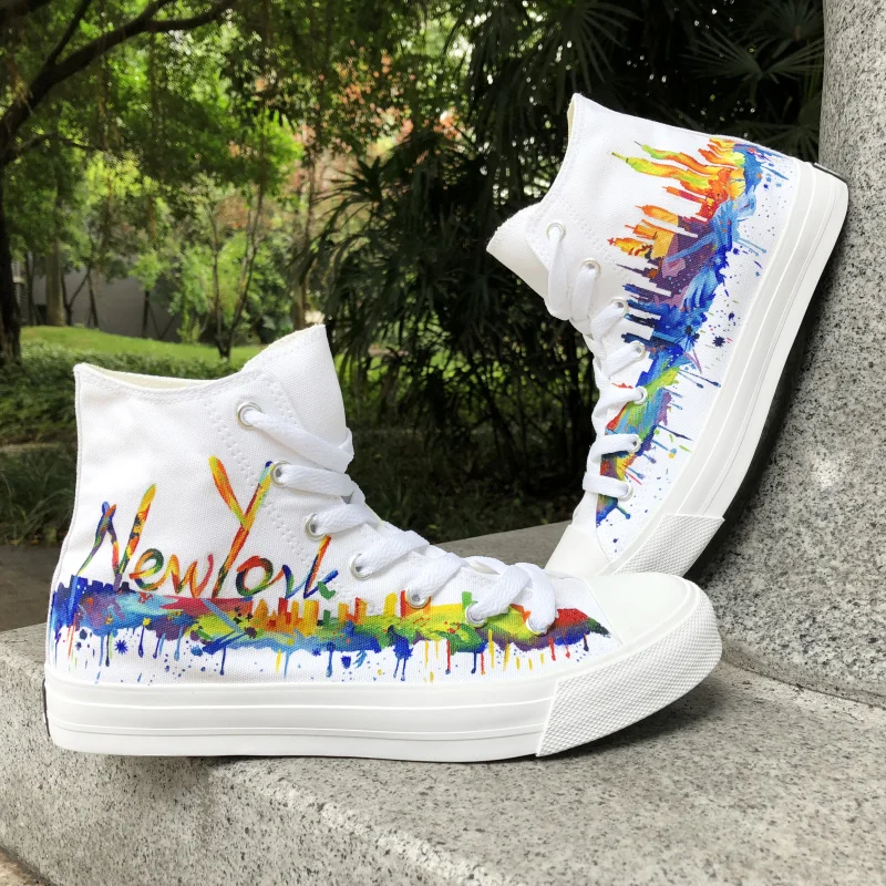 

Wen Design Custom Unisex Canvas Shoes New York City Skyline Hand Painted White Shoes Boy Girl's High Top Sneakers Plimsolls