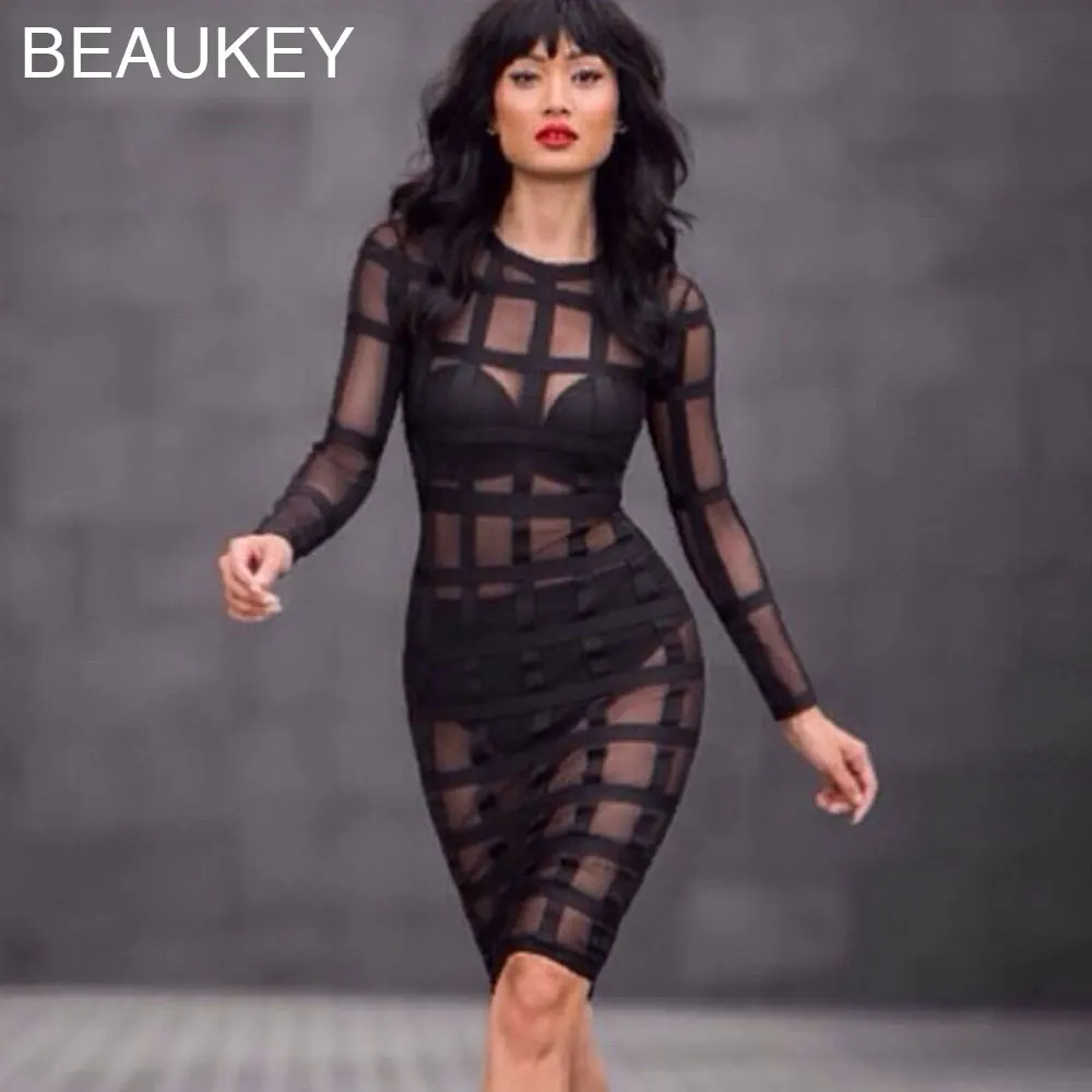 Черное Сетчатое Привлекательное Женское облегающее вискозное платье до колен с