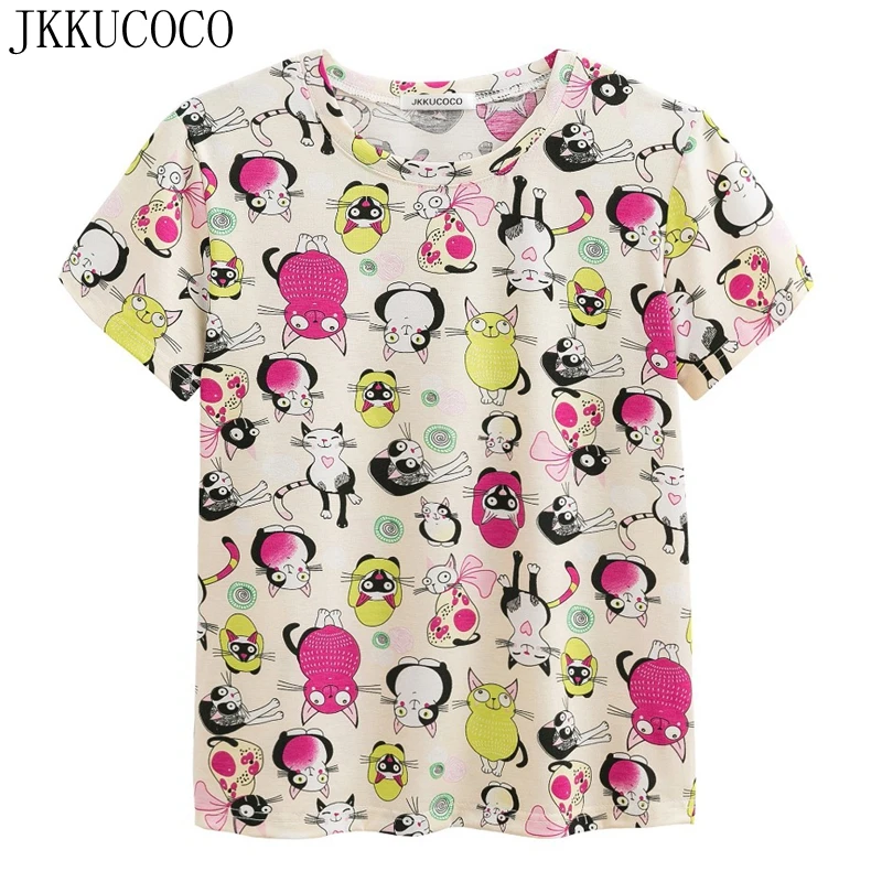 JKKUCOCO Женская хлопковая Футболка с принтом мультяшного кота совы футболки
