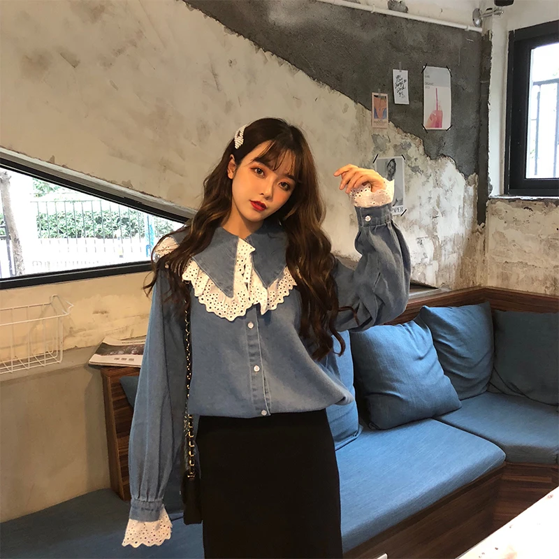 Blusas mujer de moda 2018 на осень-зиму harajuku милый Питер Пэн воротник свободные джинсовые