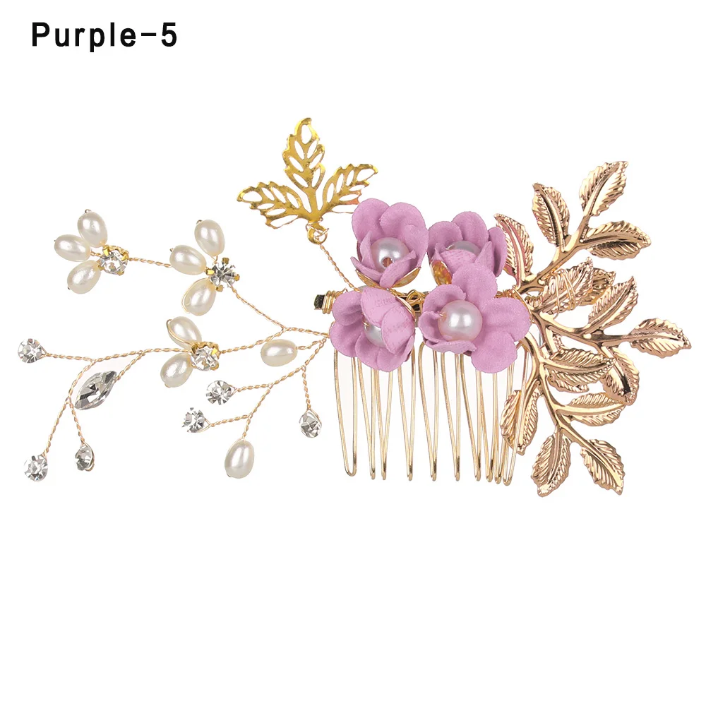 purple5 Модные Роскошные расчески для волос с голубыми цветами, головной убор для невесты, свадебные аксессуары для волос, золотые листья, ювелирные украшения для волос, заколки для волос - Окраска металла: purple5