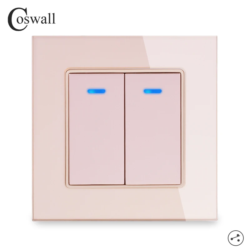 Coswall Crystal Glass Panel 2 Gang Way Pass Through On / Off Light Switch Stair Wall Switched With LED Indicator 16A | Обустройство