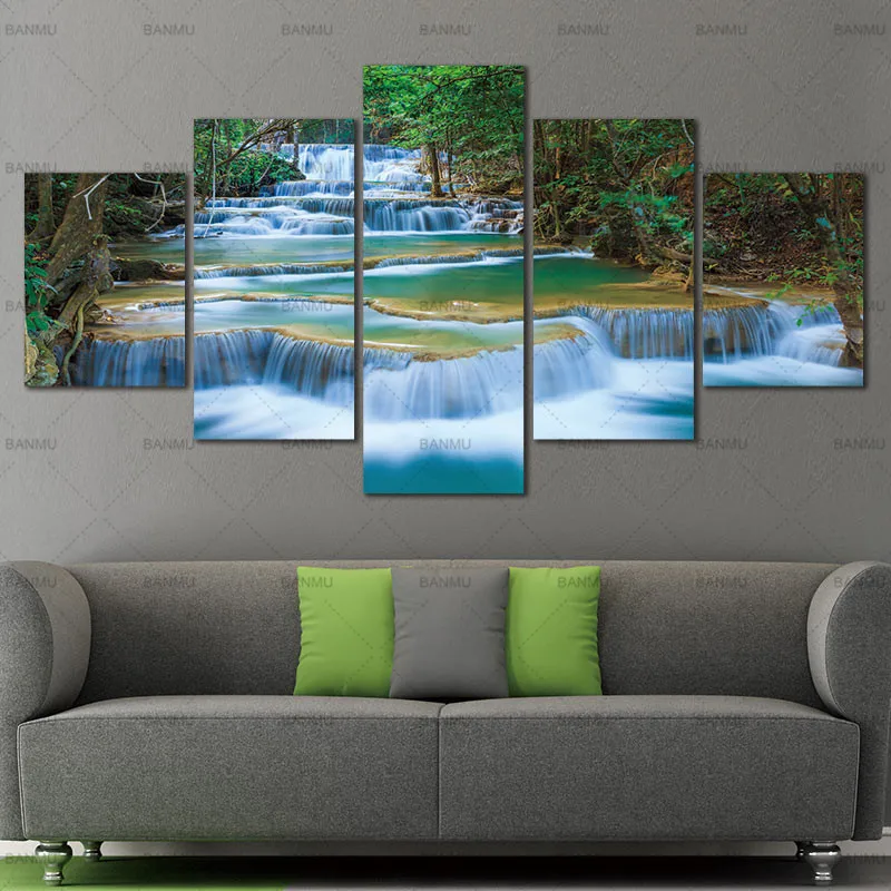

BANMU Canvas Wall Art Picture Modern Print painting Large Peaceful Waterfall 5 Panels Landscape Pictures Photo painting no frame