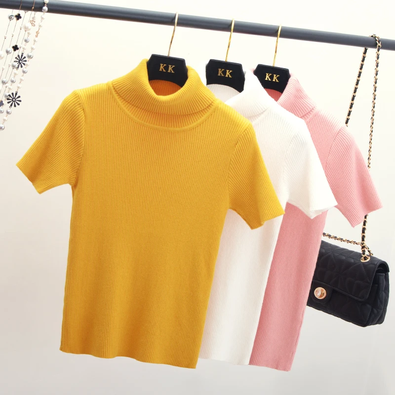 2019 Spring Women's Short-Sleeved Sweaters Women Slim Knitted Tops Turtleneck Solid Color Pullovers Tees 7 Colors | Женская одежда